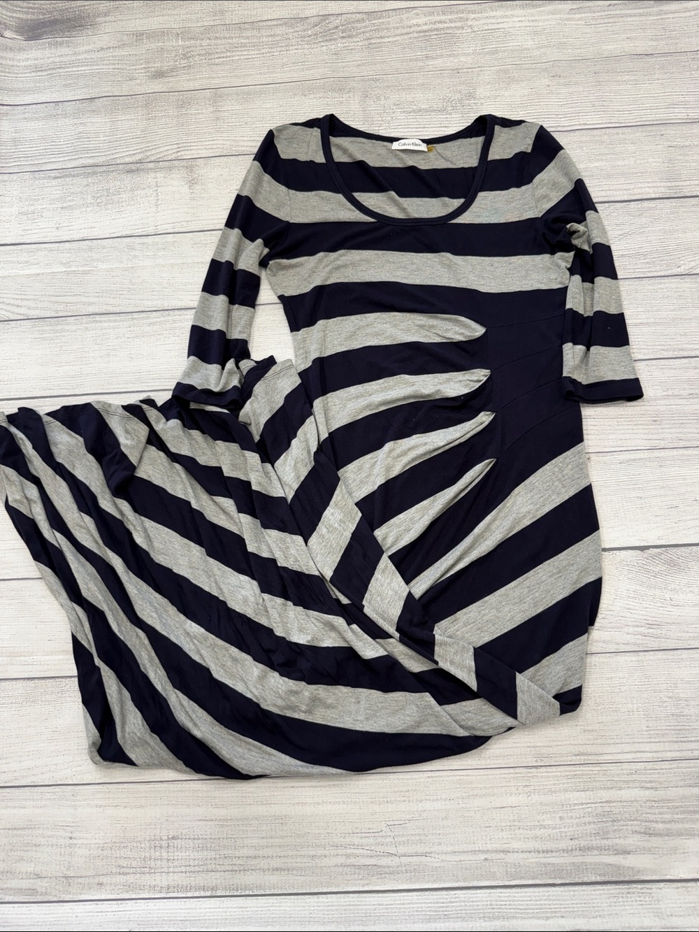Calvin Klein Navy Gray Striped Maxi Dress Size 10 3/4 Sleeve Stretch Knit